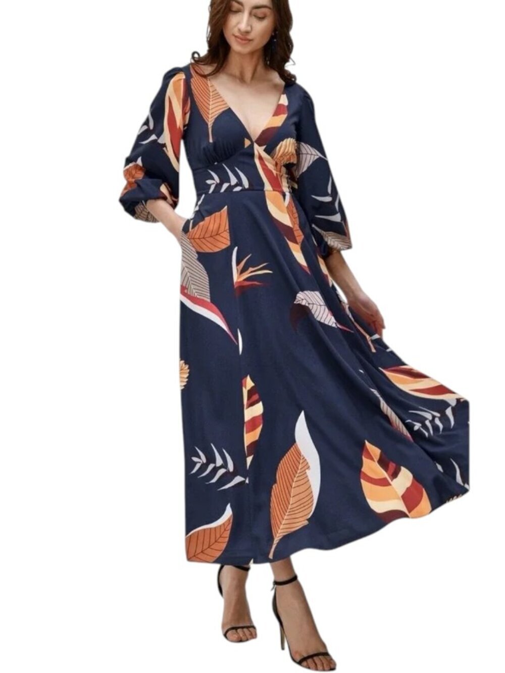 eShakti Wayward Fancies Navy Leaf Print V Neck Maxi Dress